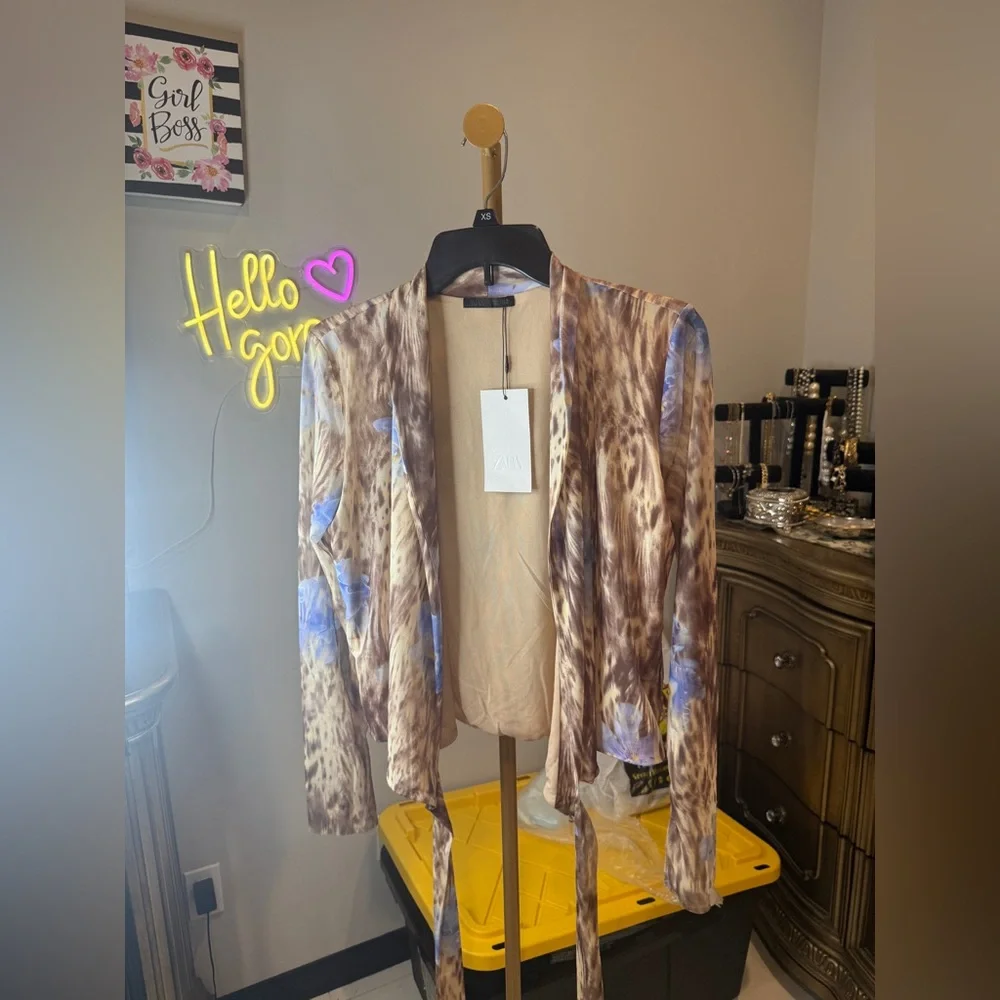 Zara Brown Animal Print Wrap around Blouse with Blue Floral Details - Picture 3 of 16
